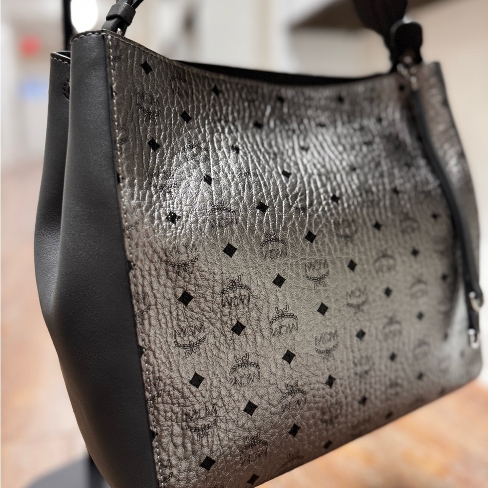MCM Metallic Silver and Black Shoulder Bag